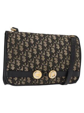 Authentic Christian Dior Trotter Canvas Shoulder Bag Black Gold